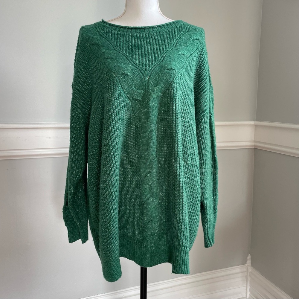 LC Lauren Conrad Green Cable Knit Women's Sweater Silver Threads Size XXL